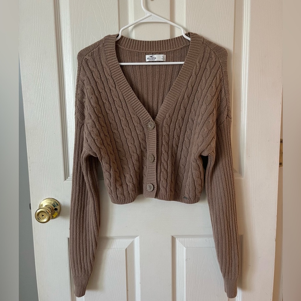 hollister light brown cable knit sweater cardigan